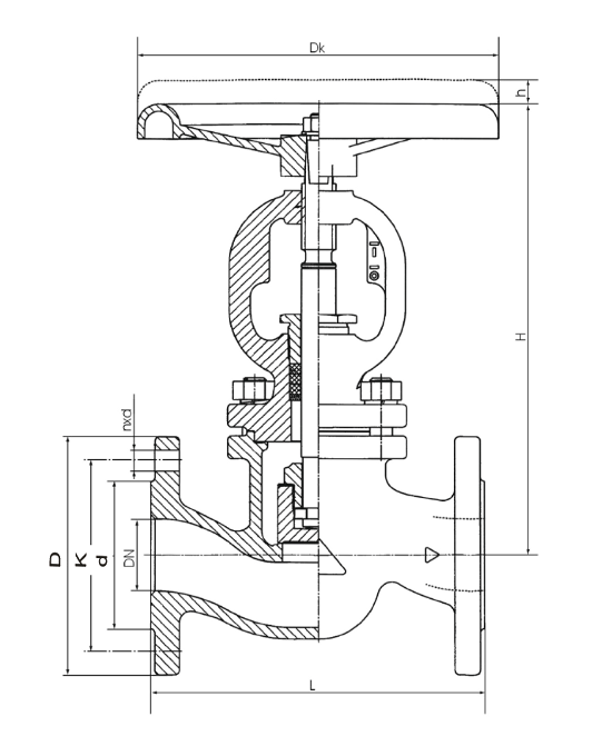 Клапан запорный ( вентиль ) фланцевый  ZETKAMA V215 - габаритные размеры