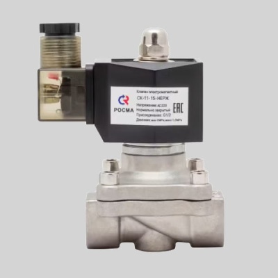 Фотография товара - Клапан электромагнитный соленоидный 1/2" нержавеющий РОСМА СК-11-15-НЕРЖ (NBR, НЗ,IP65,Ду15,1МПа,L66,220AC,90градС)